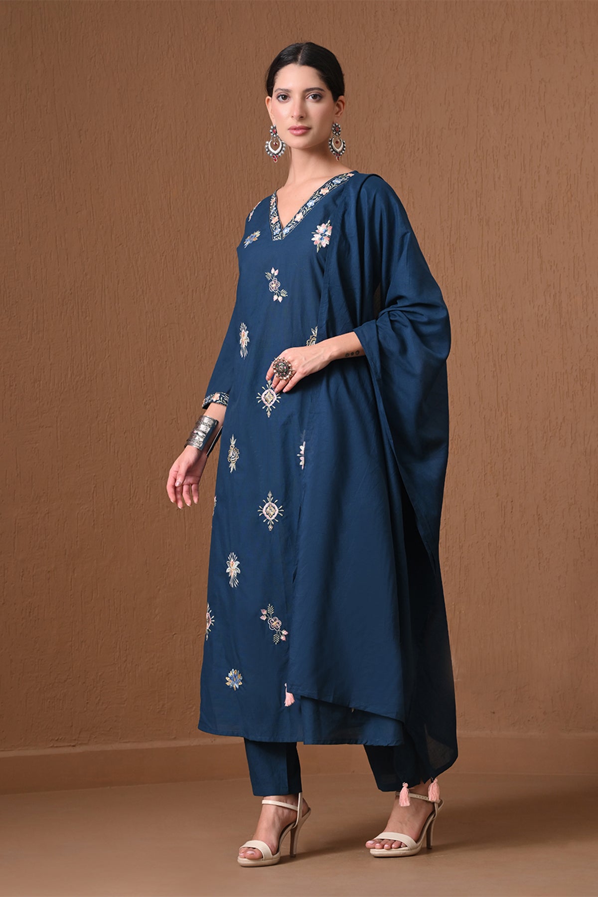 Teal Embroidered A-Line Kurta 3 Pcs Set