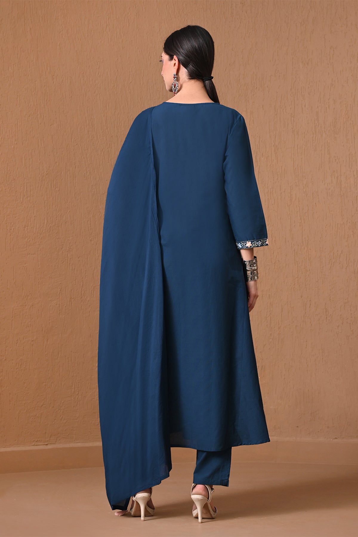 Teal Embroidered A-Line Kurta 3 Pcs Set