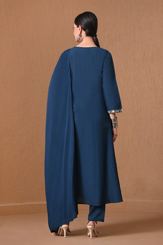 Teal Embroidered A-Line Kurta 3 Pcs Set