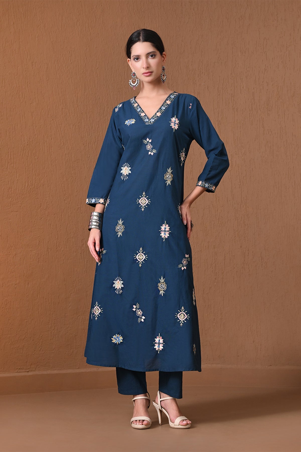 Teal Embroidered A-Line Kurta 3 Pcs Set