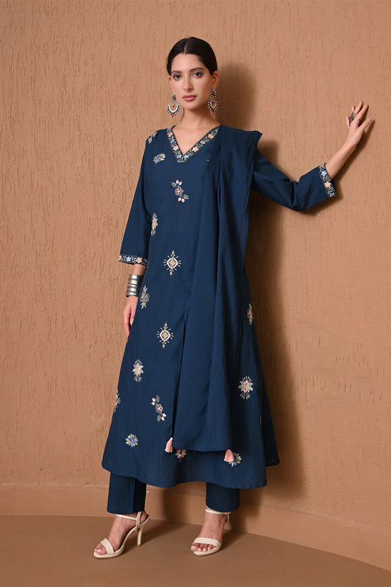 Teal Embroidered A-Line Kurta 3 Pcs Set