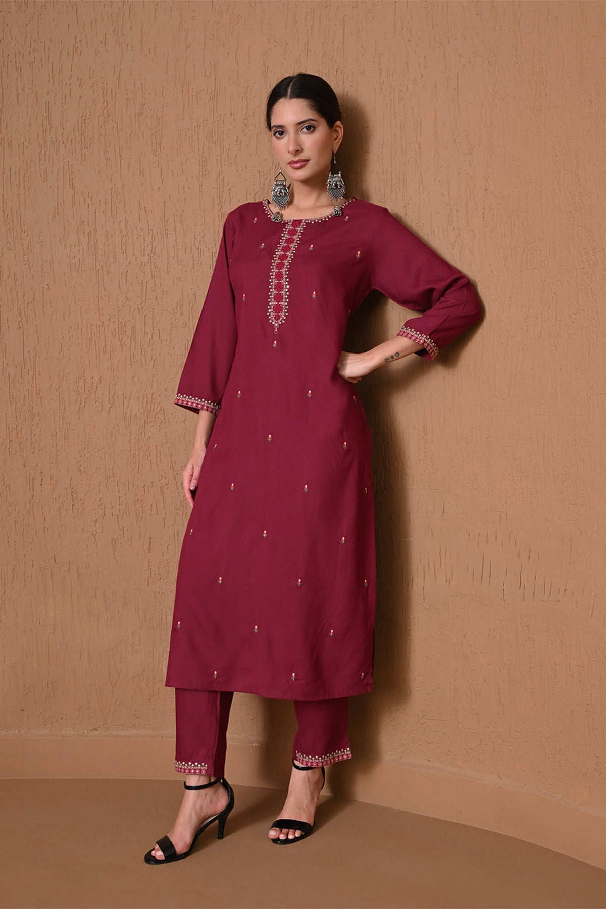 Wine Embroidered Kurta 2 Pcs Set