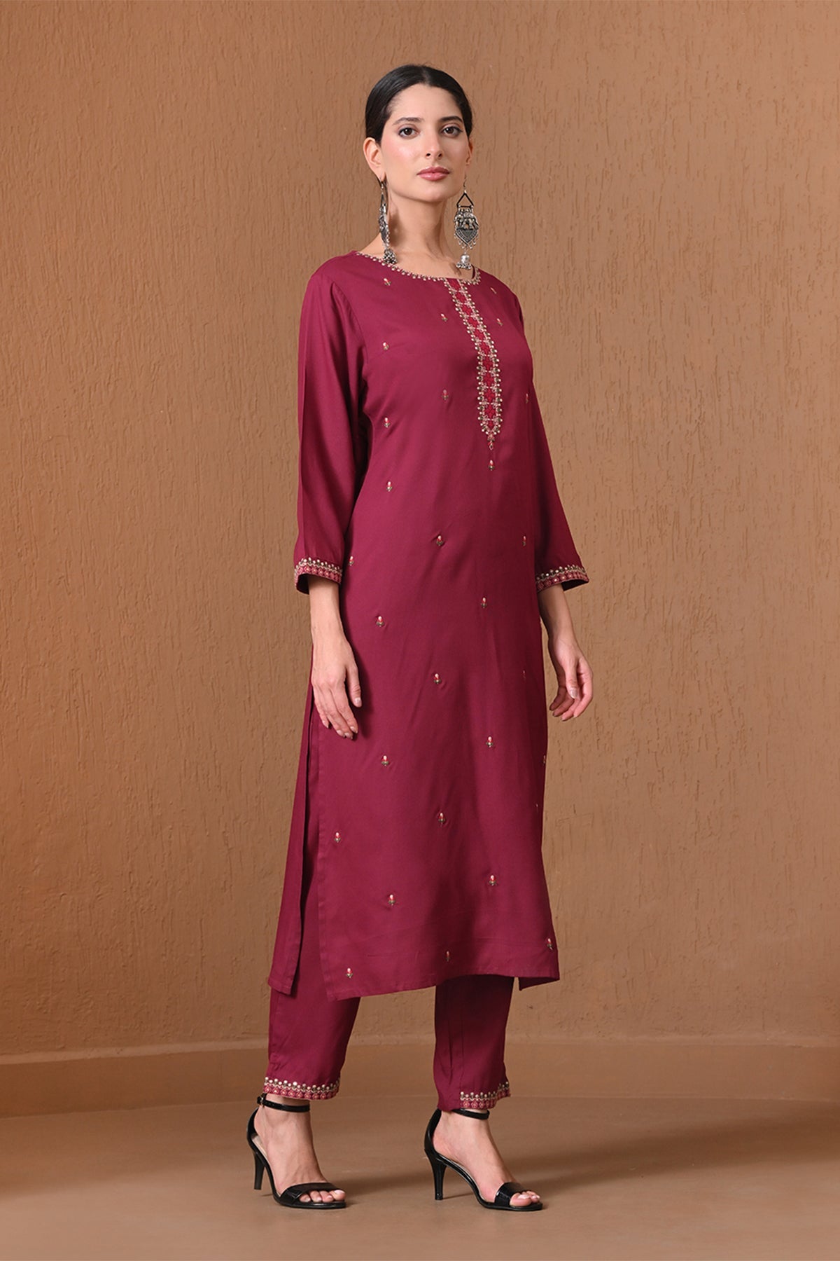 Wine Embroidered Kurta 2 Pcs Set