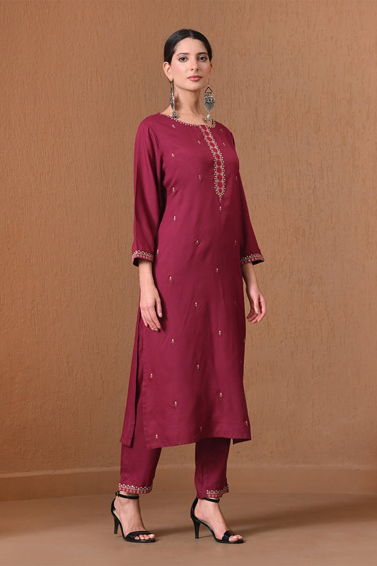 Wine Embroidered Kurta 2 Pcs Set