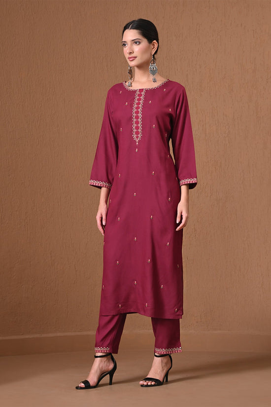 Wine Embroidered Kurta 2 Pcs Set