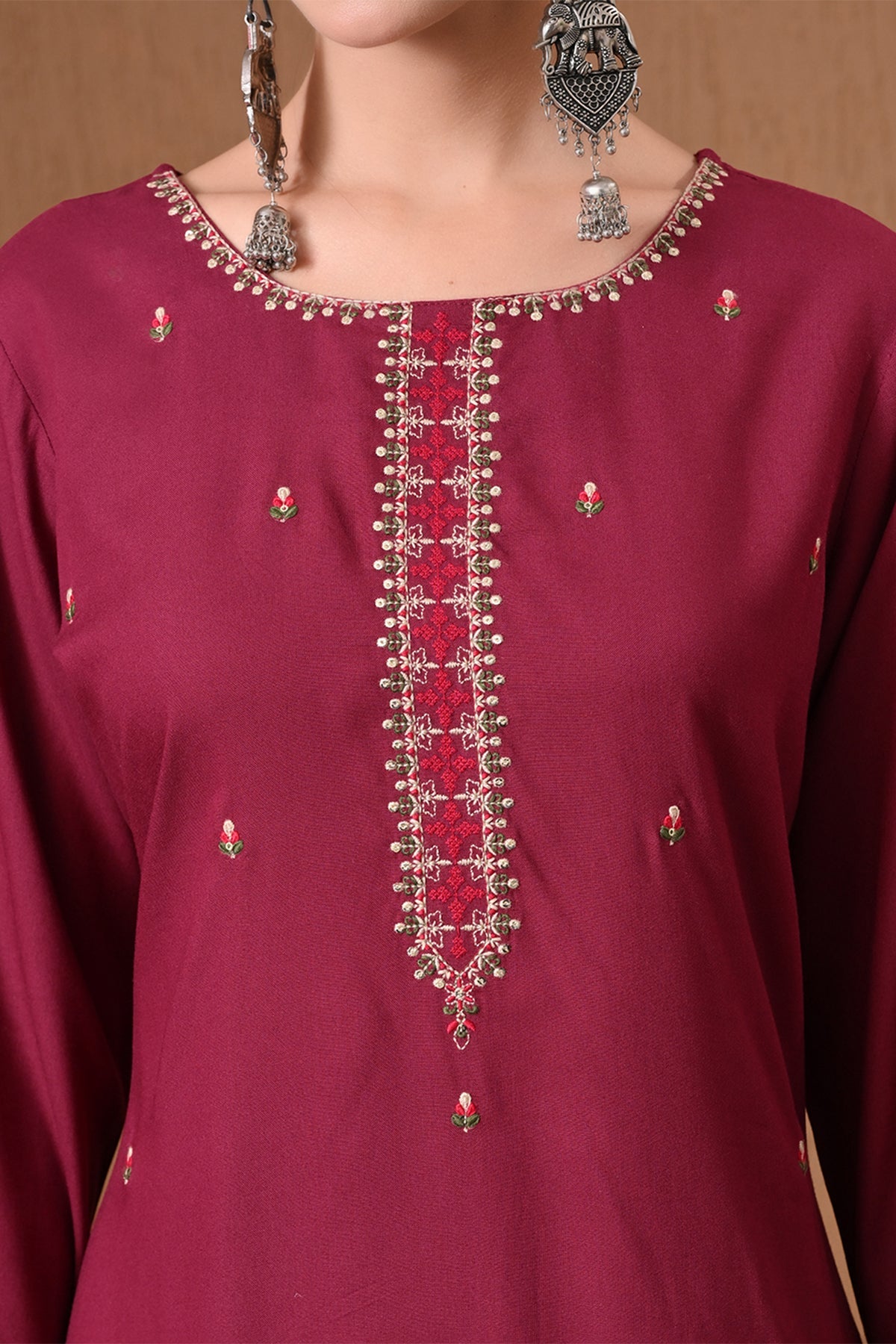 Wine Embroidered Kurta 2 Pcs Set
