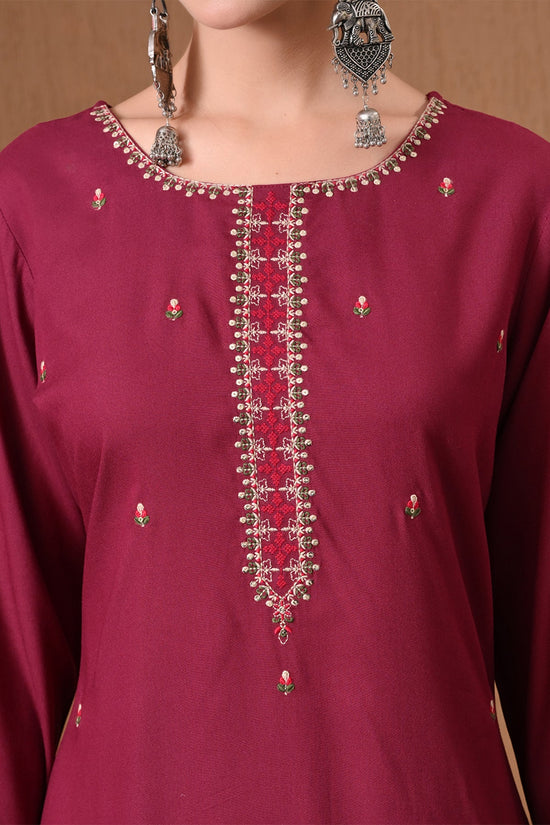 Wine Embroidered Kurta 2 Pcs Set