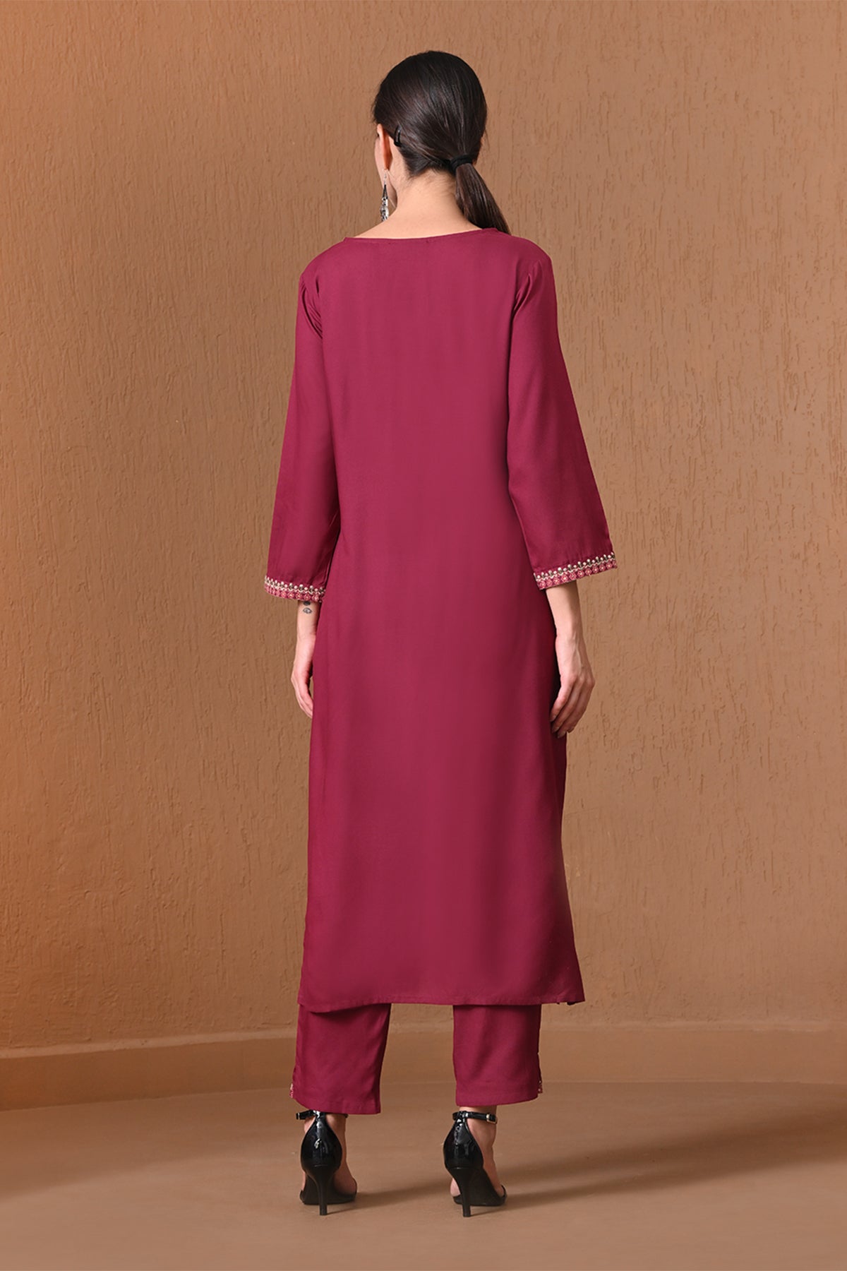Wine Embroidered Kurta 2 Pcs Set