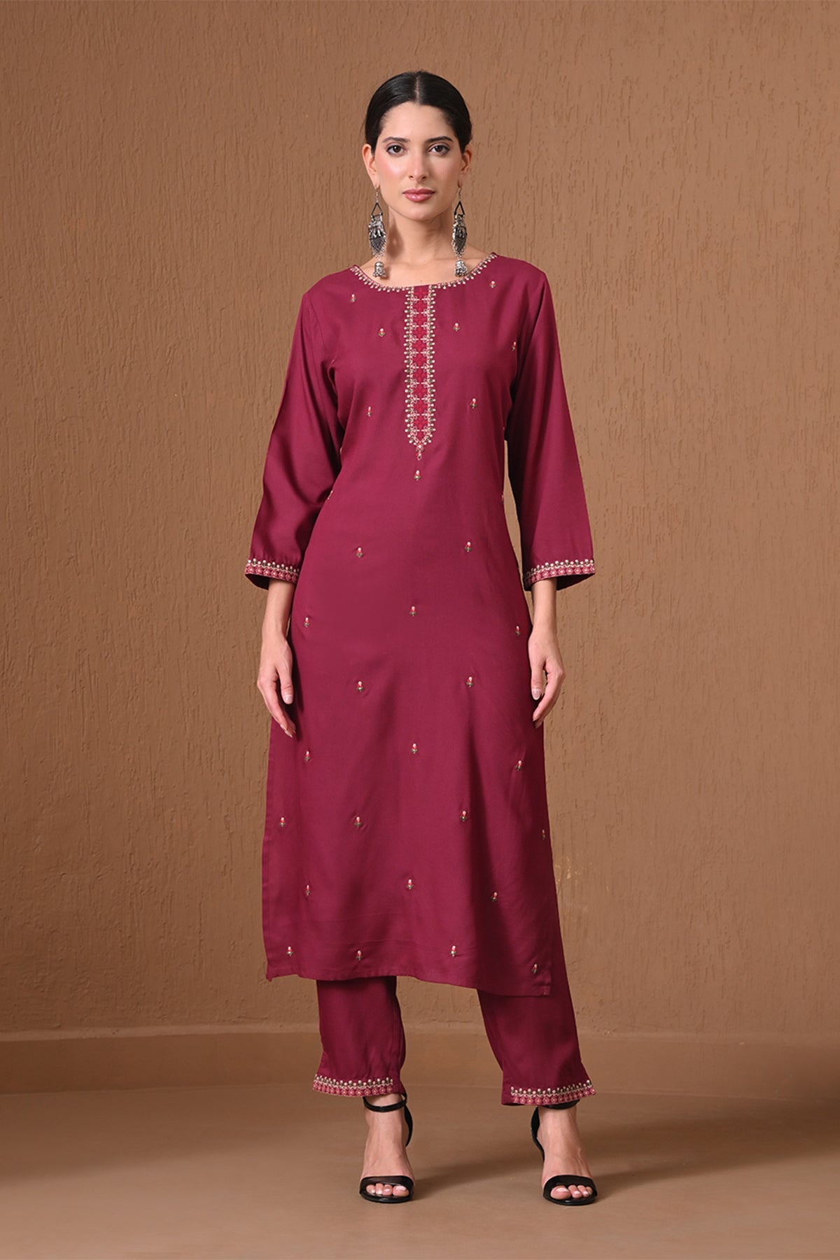 Wine Embroidered Kurta 2 Pcs Set