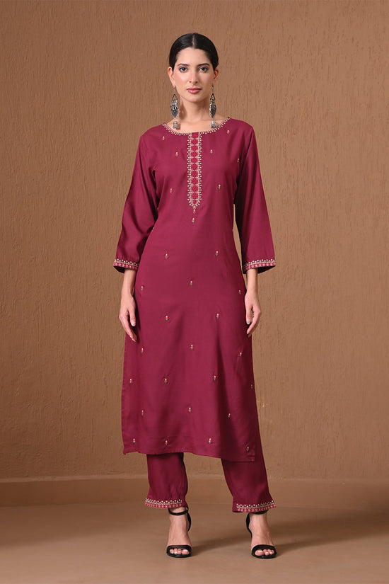 Wine Embroidered Kurta 2 Pcs Set