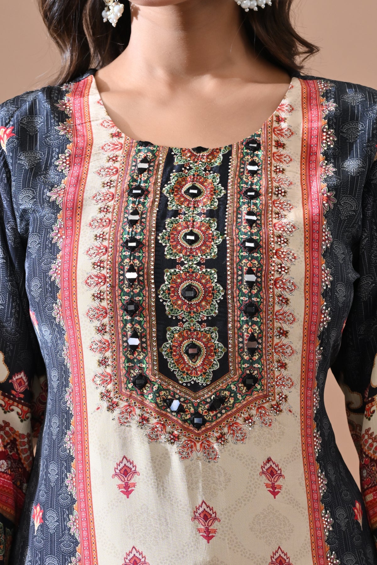 Black Stone Embellished Kurta 3 Pcs Set