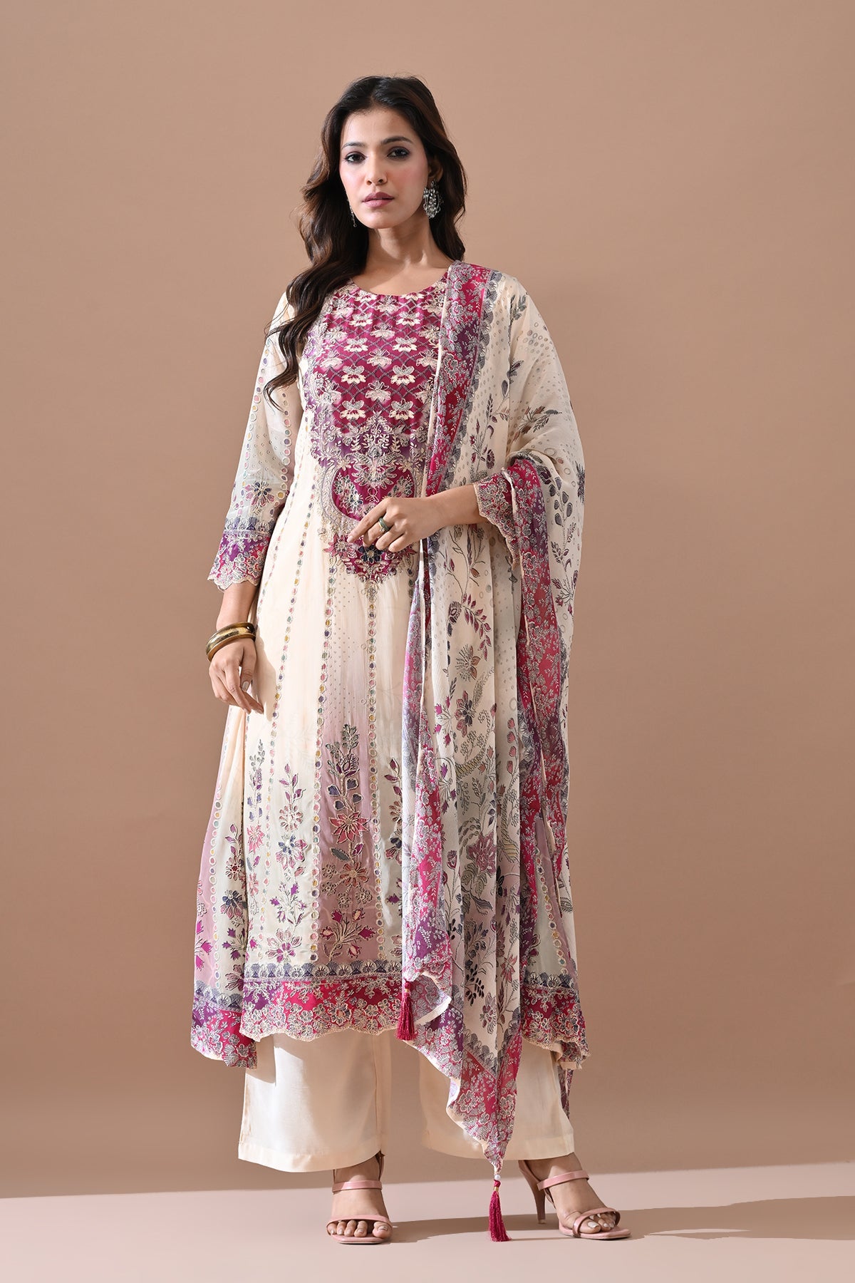 Cream A-line Kurta 3 Pcs Set