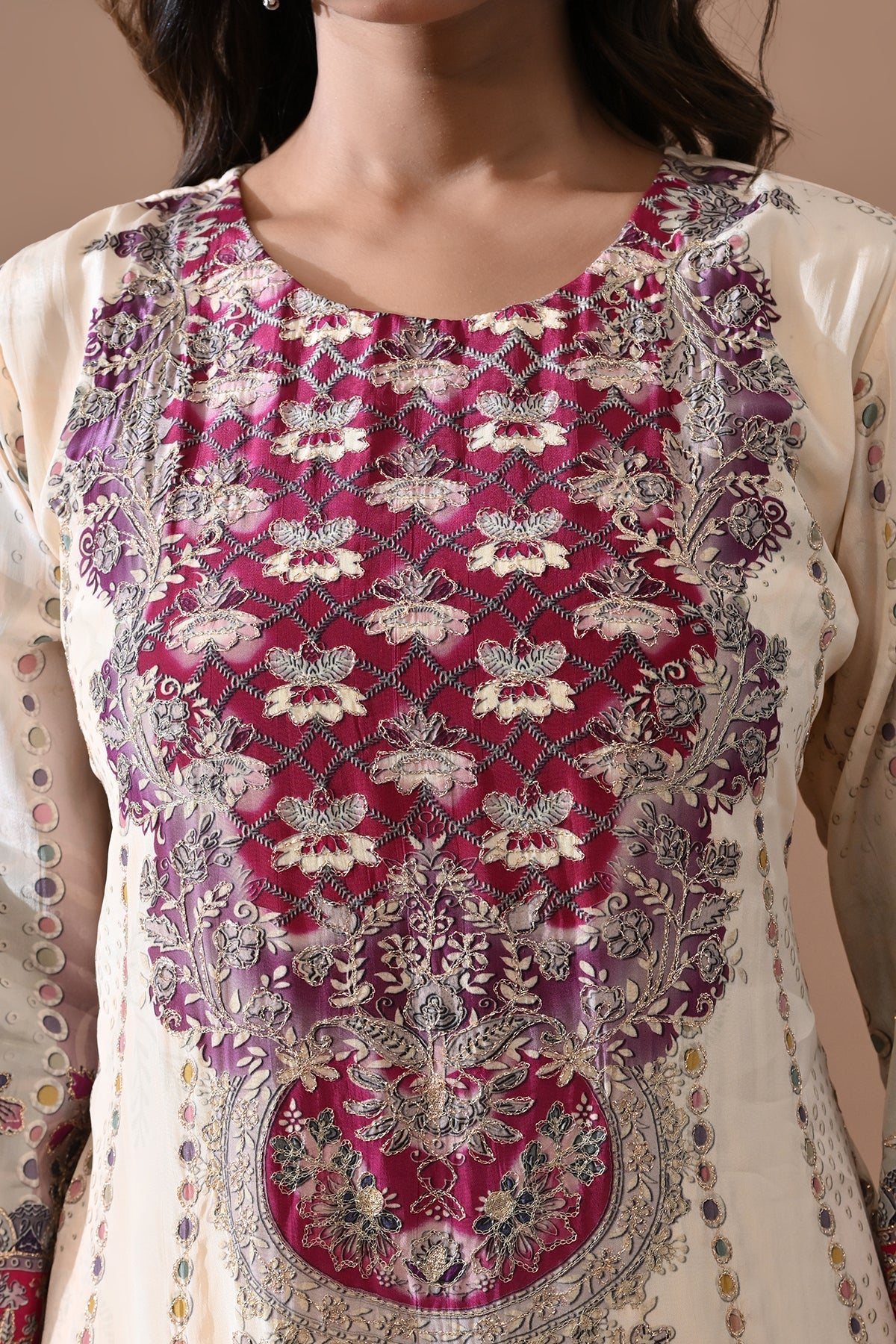 Cream A-line Kurta 3 Pcs Set