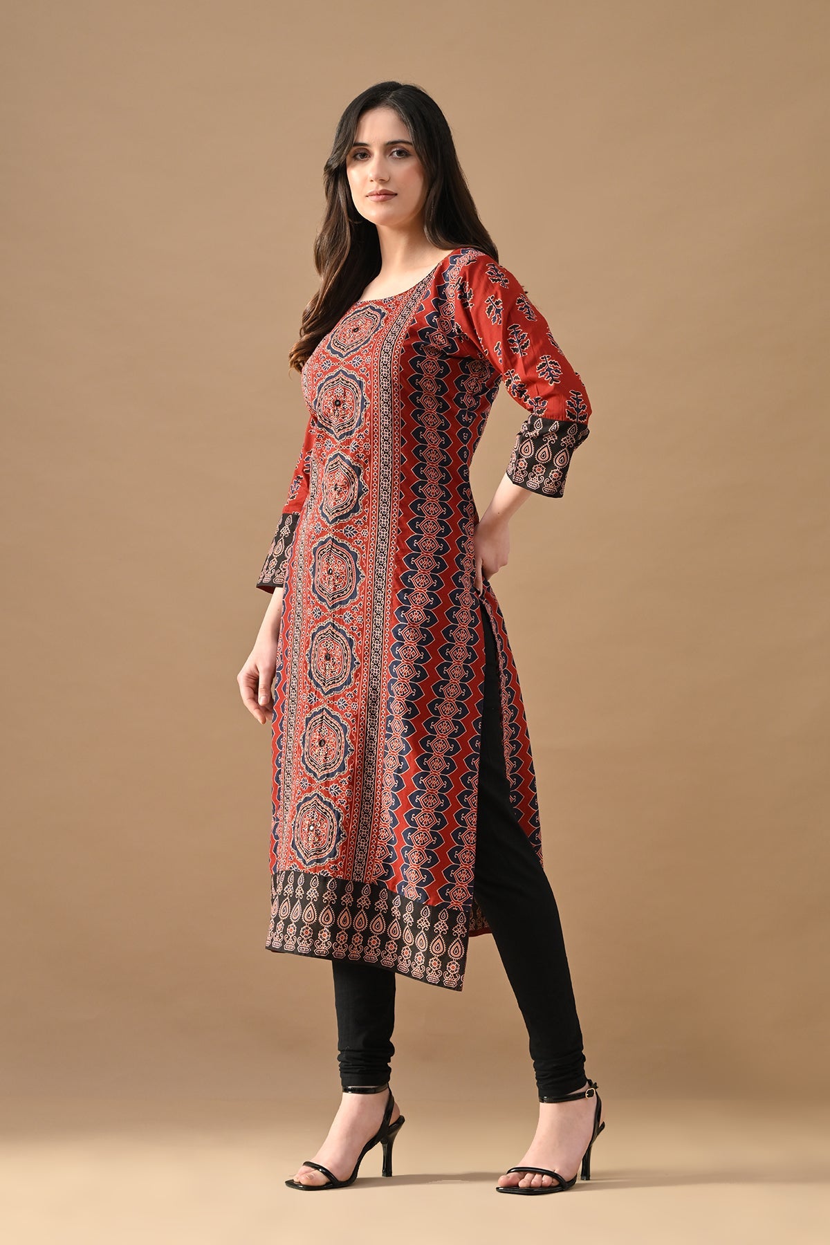 Rust Printed Straight Kurta