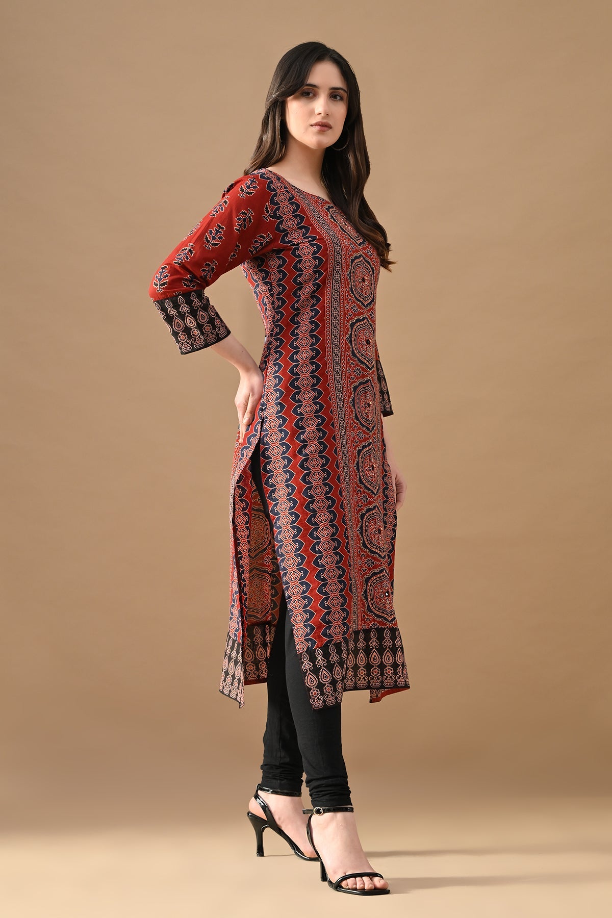 Rust Printed Straight Kurta