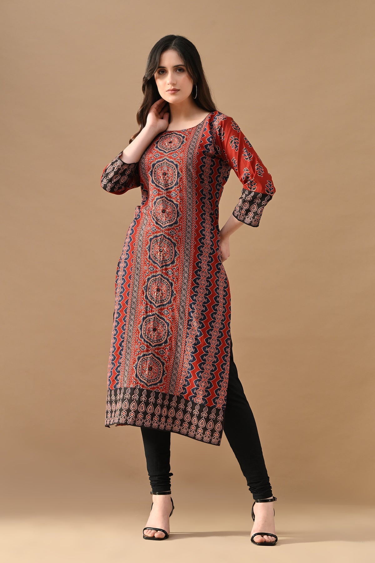 Rust Printed Straight Kurta