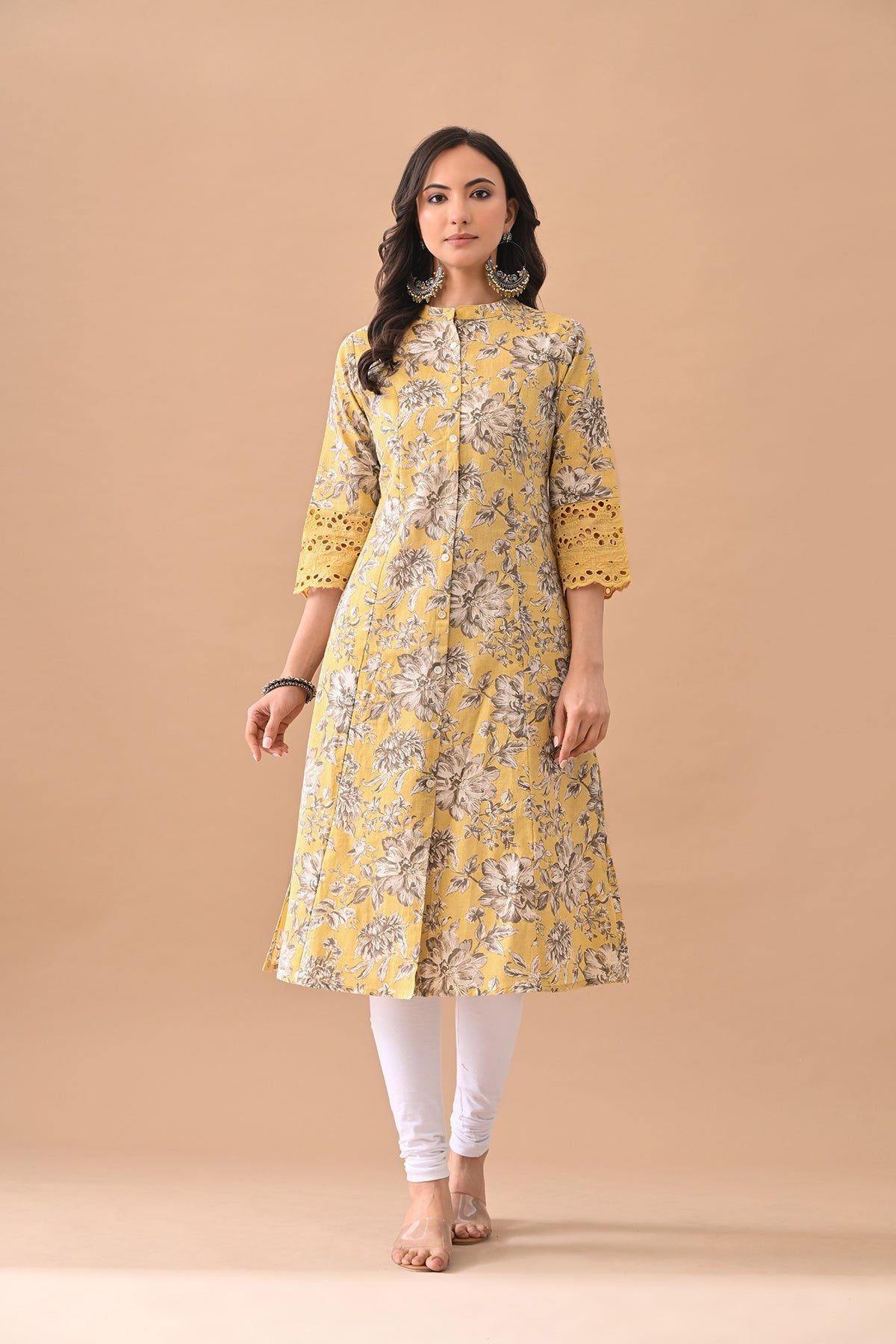 Yellow Printed A-line Kurta