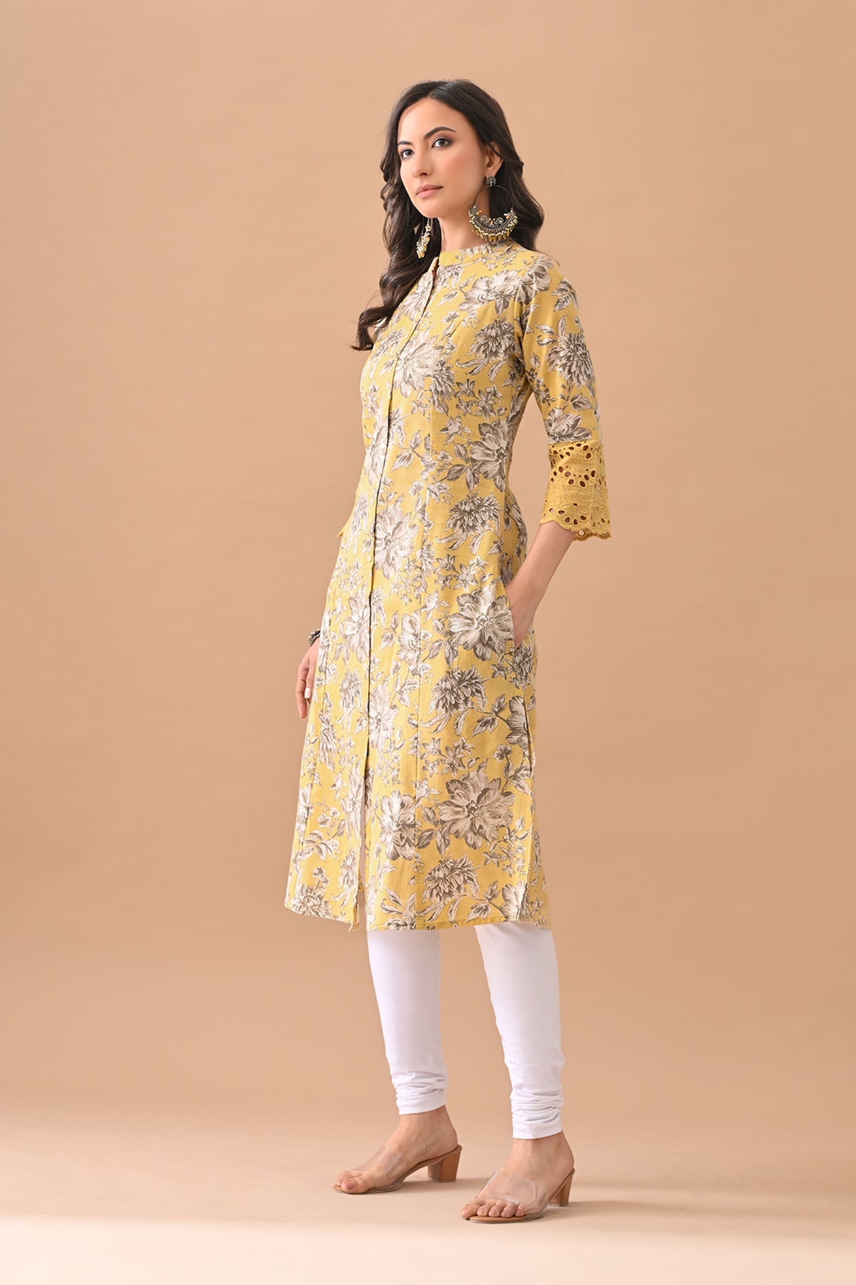 Yellow Printed A-line Kurta