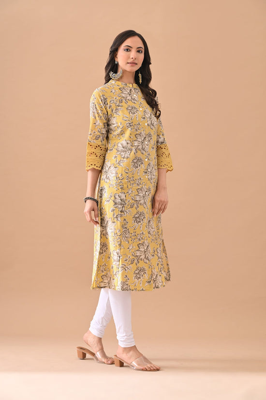 Yellow Printed A-line Kurta