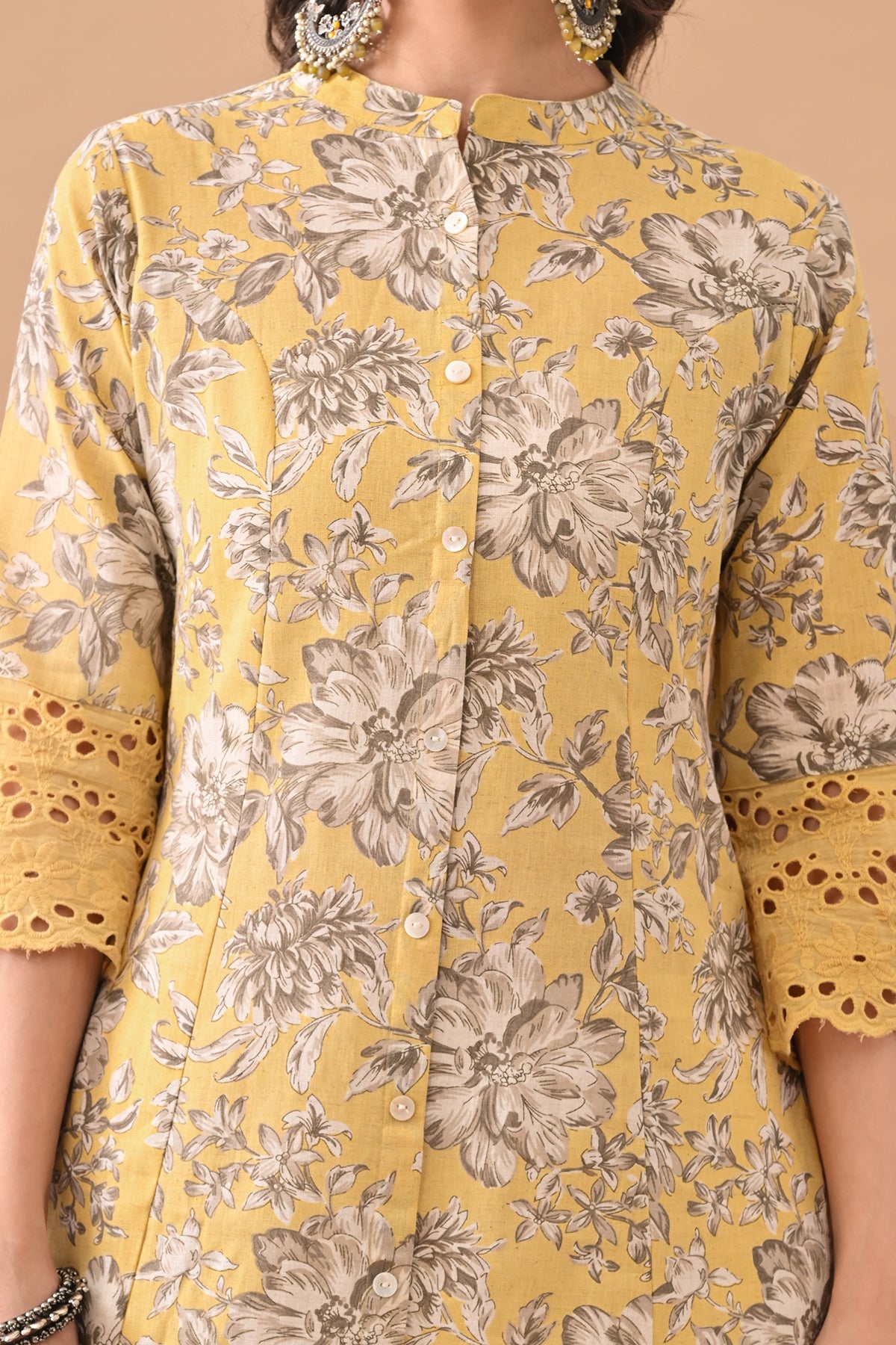 Yellow Printed A-line Kurta