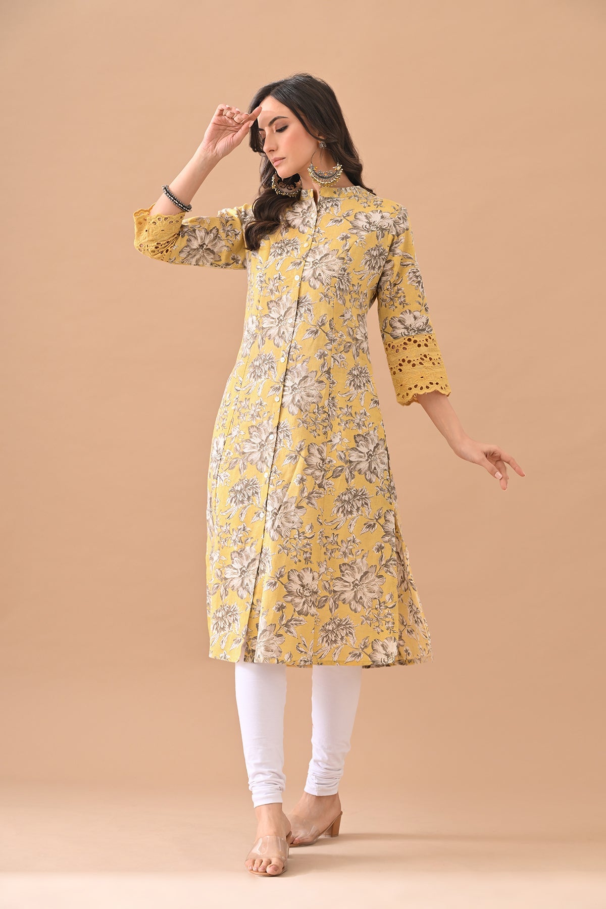 Yellow Printed A-line Kurta