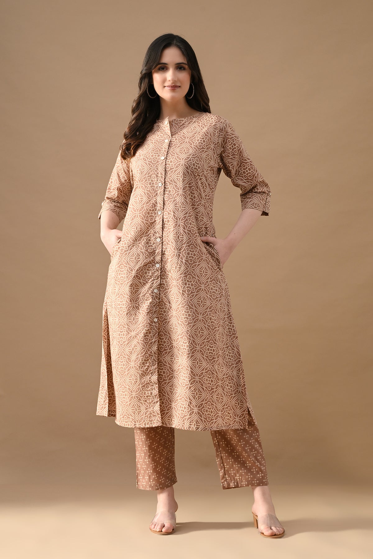 Brown Printed A-line Kurta Set (2 Piece)