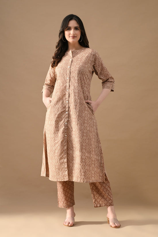 Brown Printed A-line Kurta Set (2 Piece)