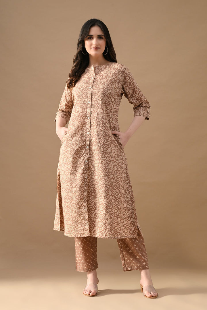 Brown Printed A-line Kurta Set (2 Piece)