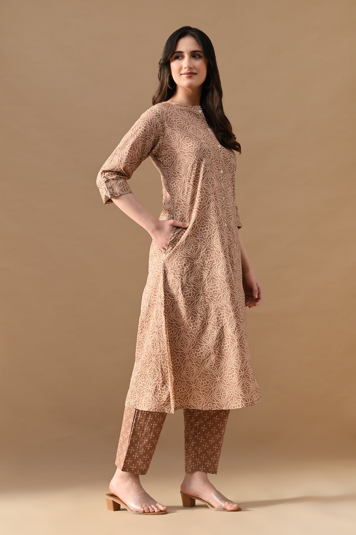 Brown Printed A-line Kurta Set (2 Piece)