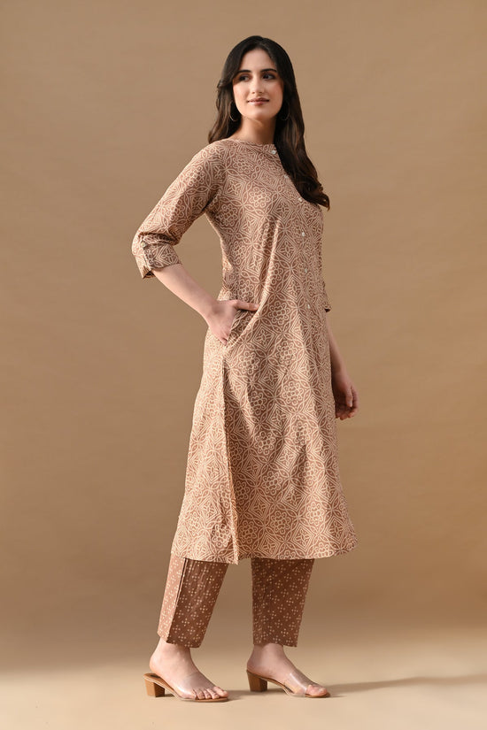 Brown Printed A-line Kurta Set (2 Piece)