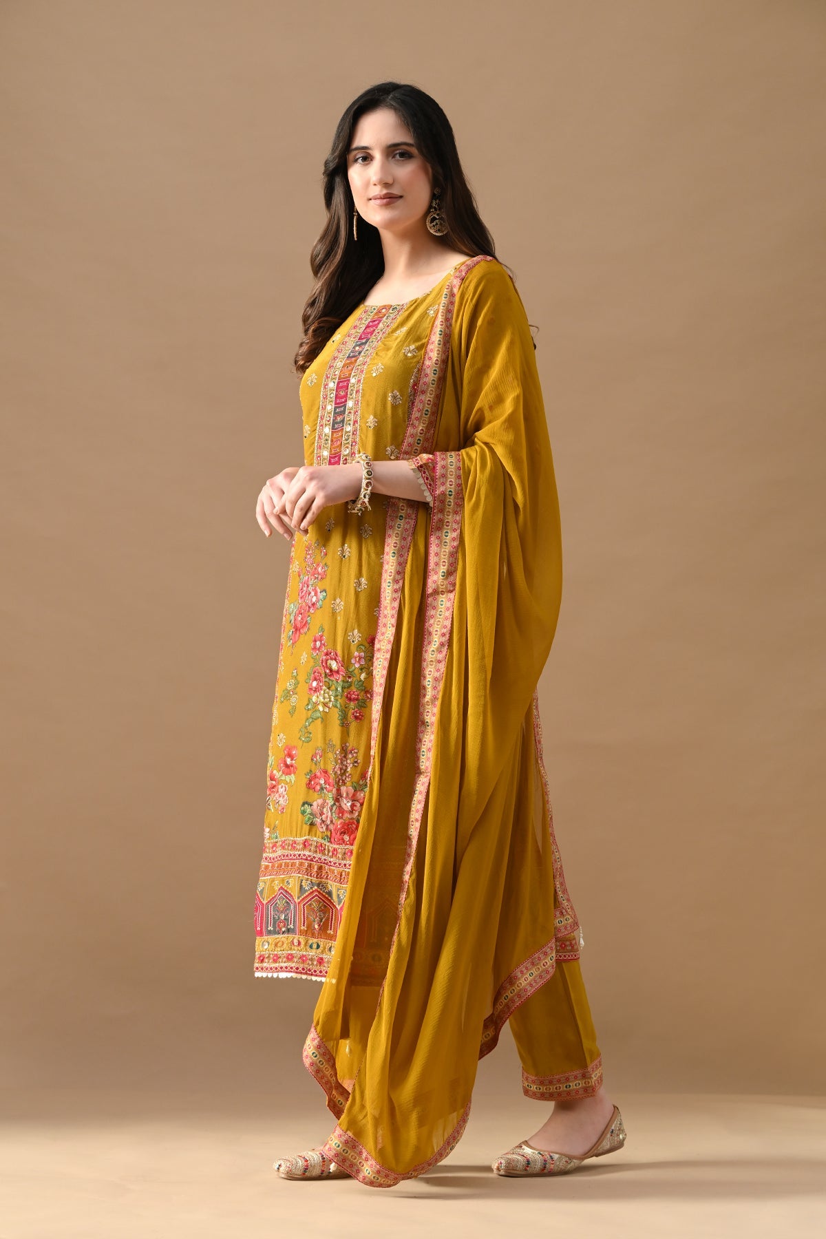 Yellow Embroidered Kurta 3 Pcs Set