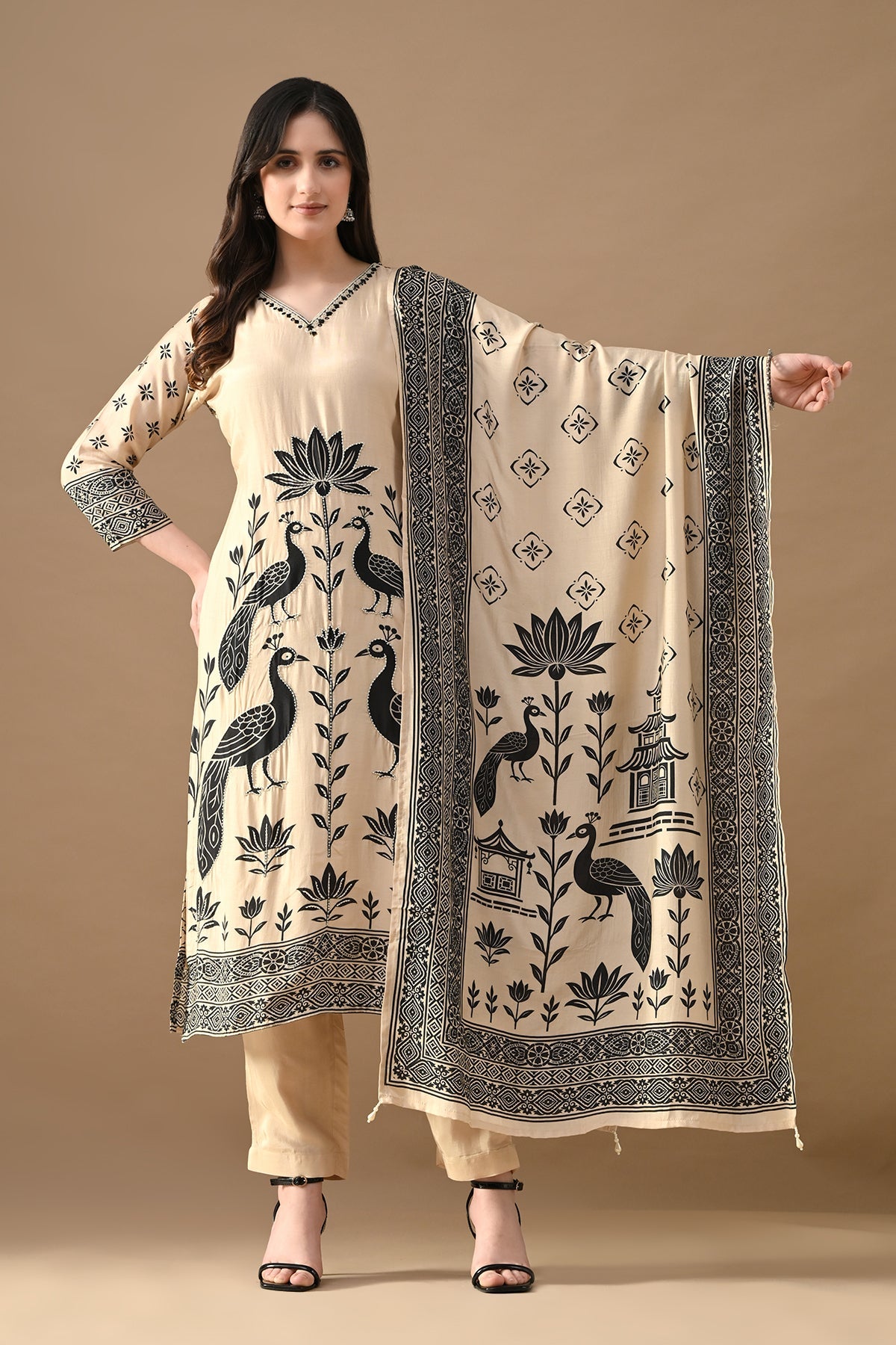 Beige Stone Embellished Kurta Set