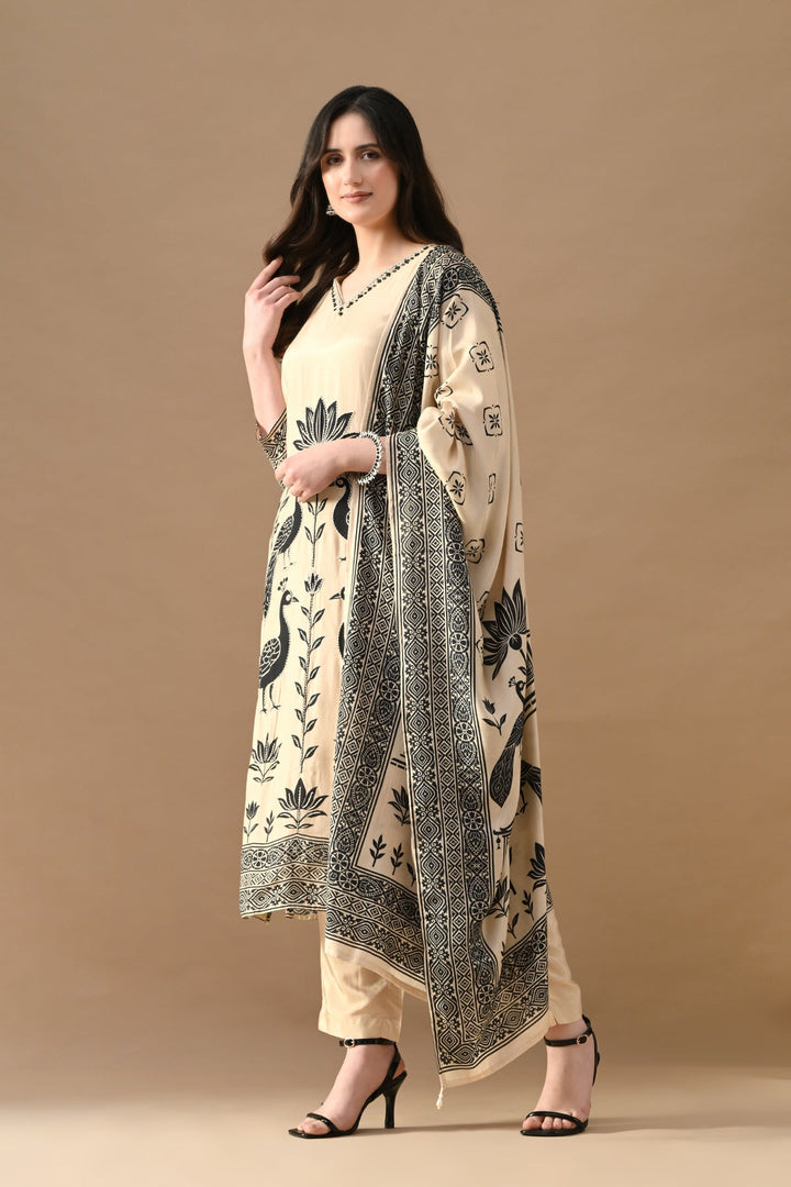 Beige Stone Embellished Kurta Set (3 Piece)
