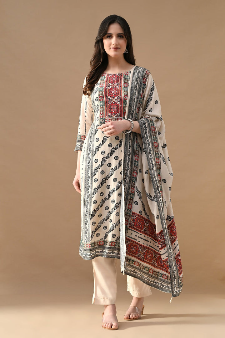 Cream Mirror Embellished Kurta Set