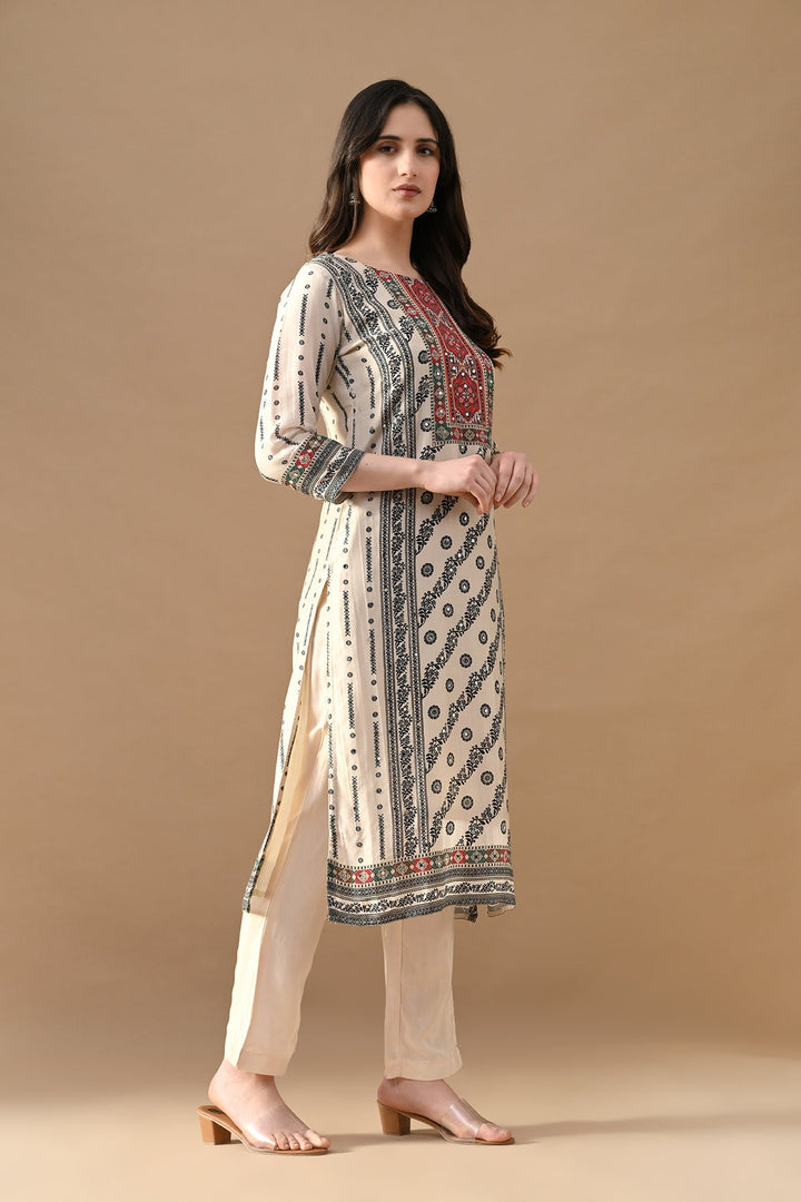 Cream Mirror Embellished Kurta Set