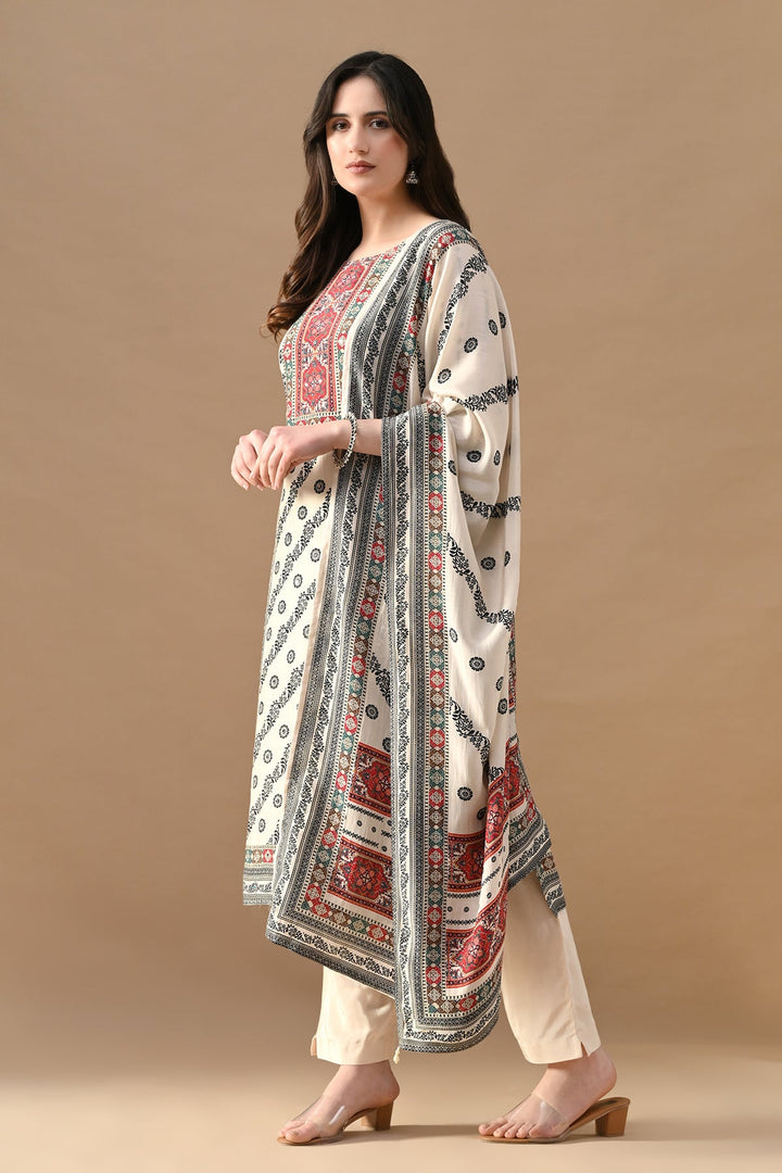 Cream Mirror Embellished Kurta Set