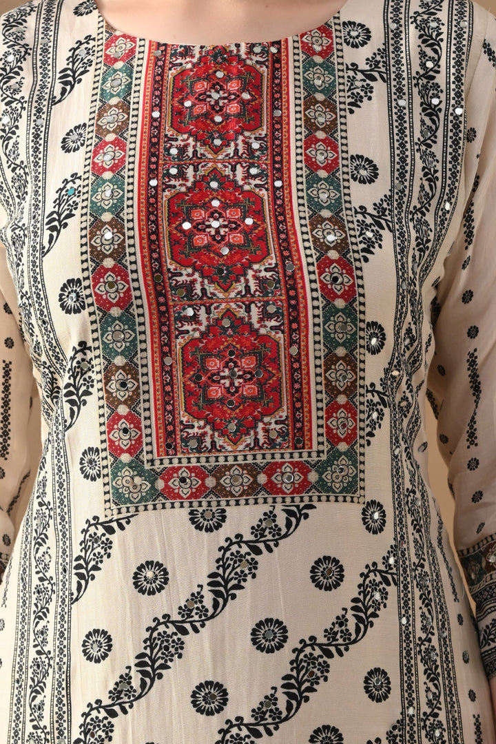 Cream Mirror Embellished Kurta Set