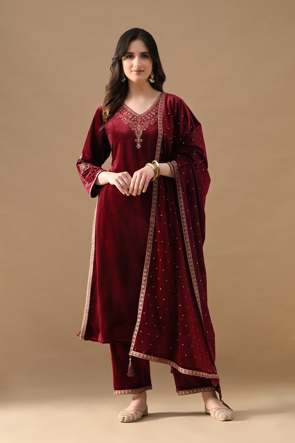 Maroon Velvet Embroidered 3 Pcs Kurta Set