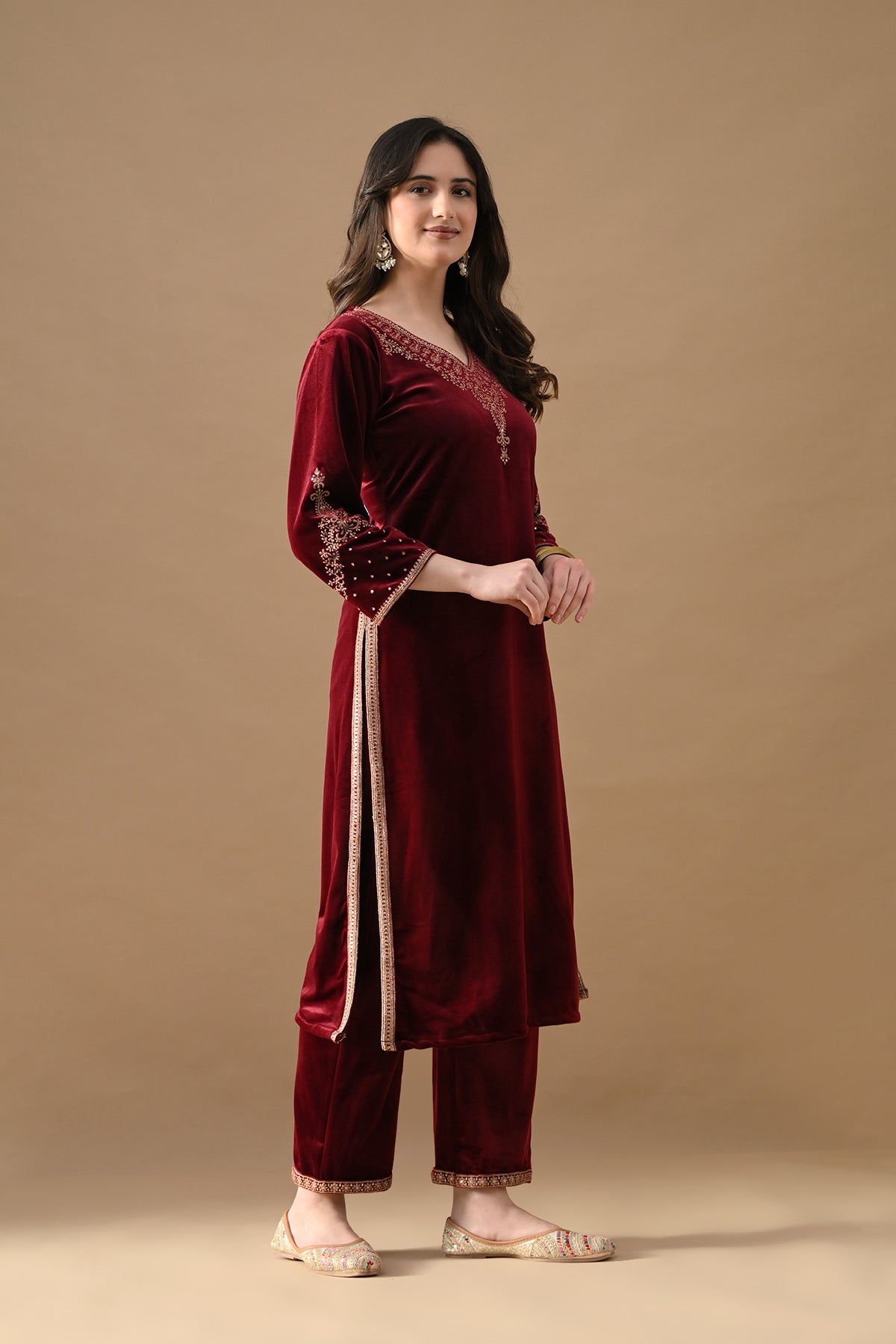 Maroon Velvet Embroidered 3 Pcs Kurta Set