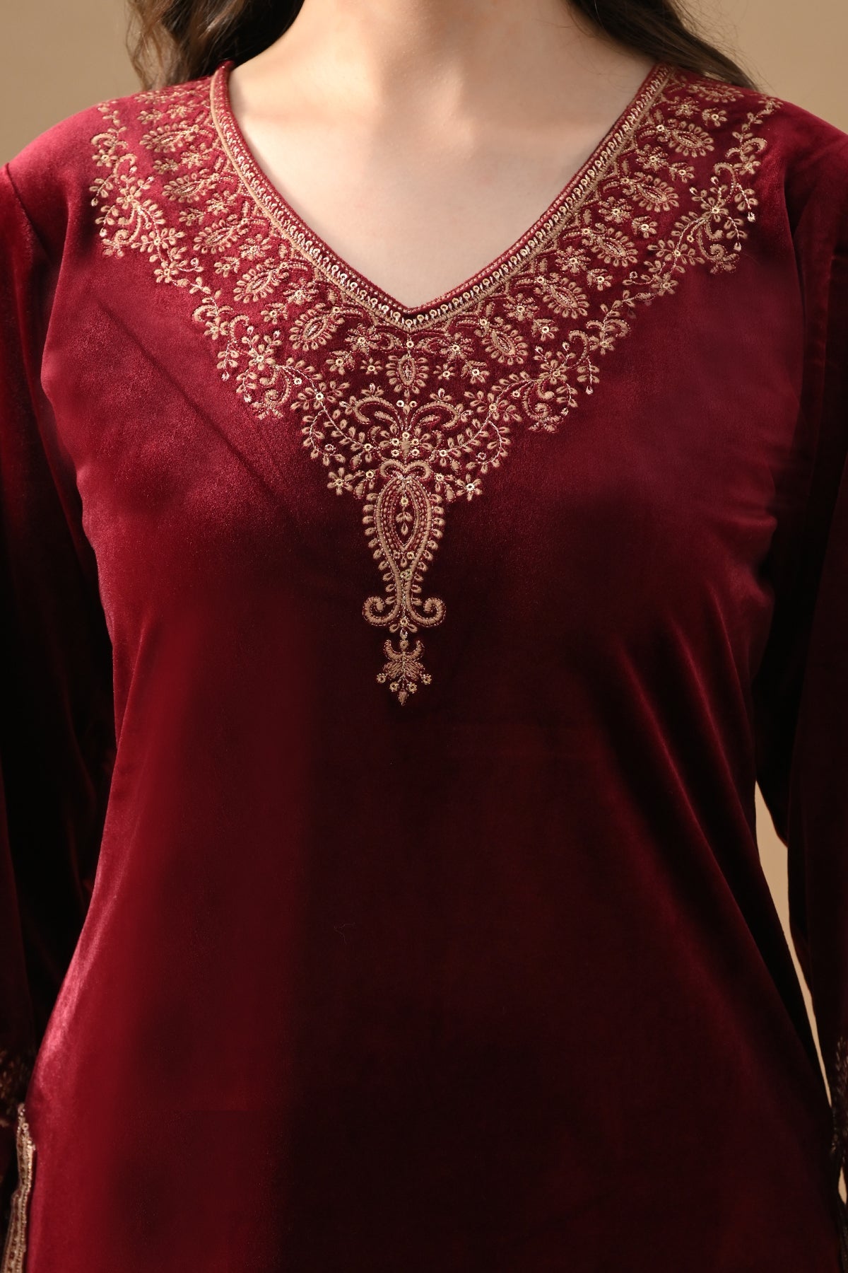 Maroon Velvet Embroidered 3 Pcs Kurta Set