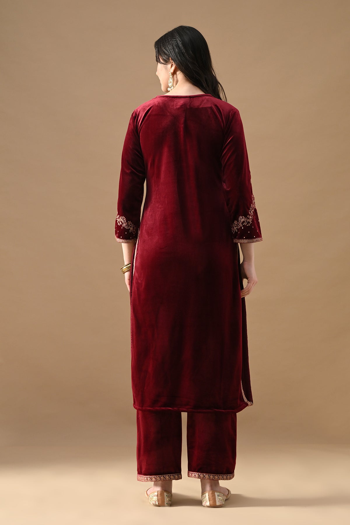 Maroon Velvet Embroidered 3 Pcs Kurta Set