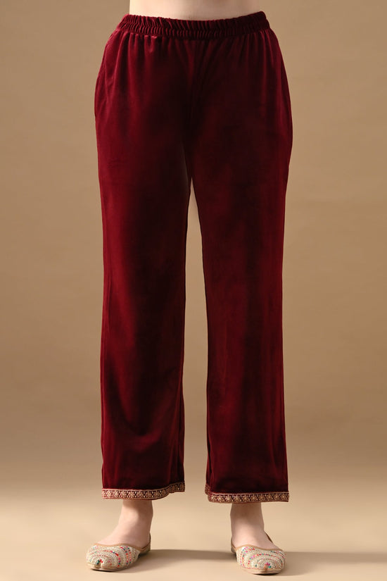 Maroon Velvet Embroidered 3 Pcs Kurta Set