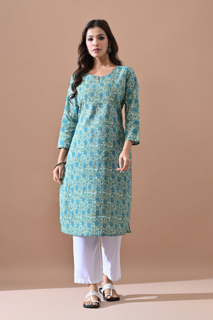 Green Printed Straight Kurta