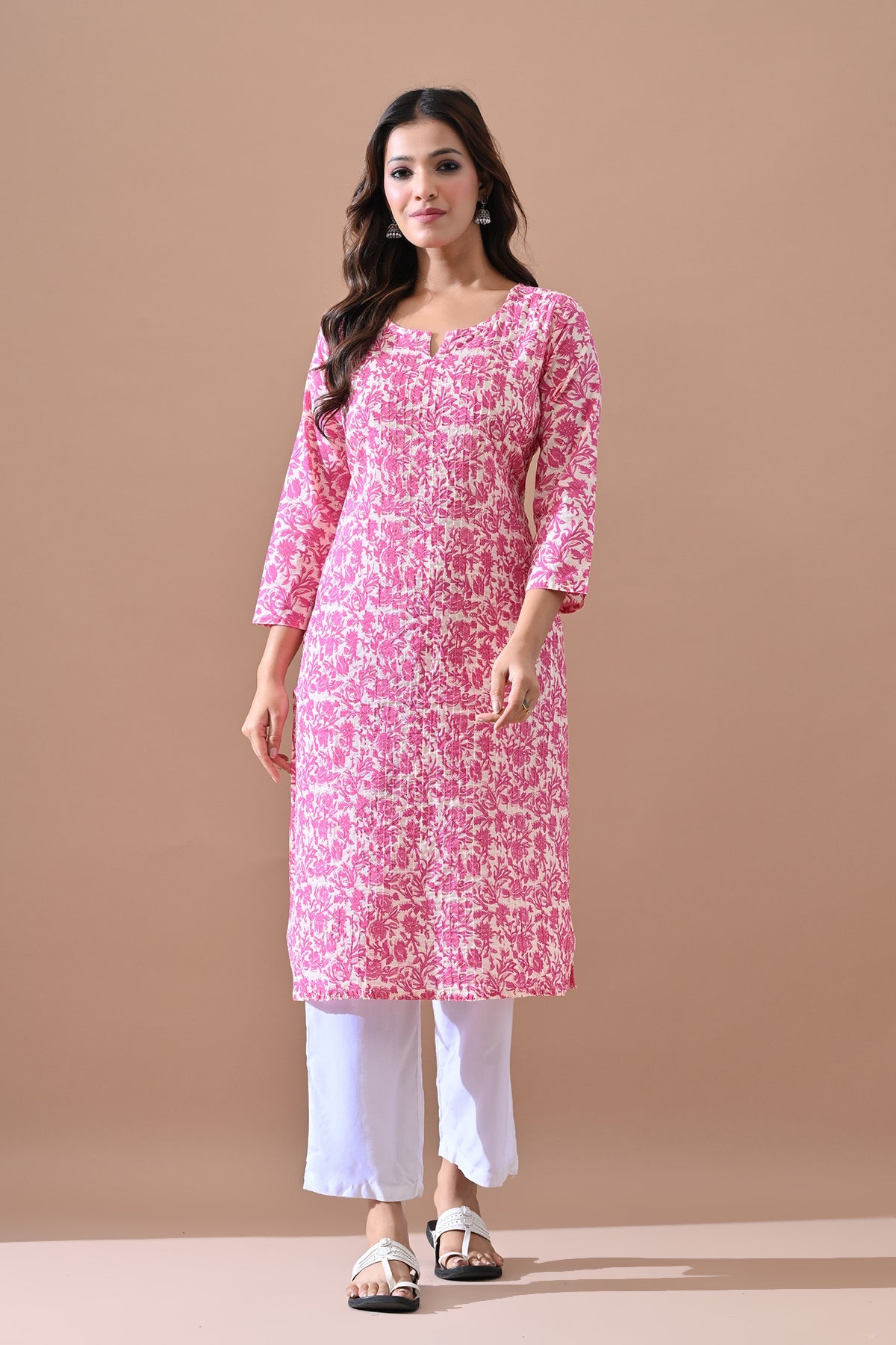Cream Printed Straight Kurta