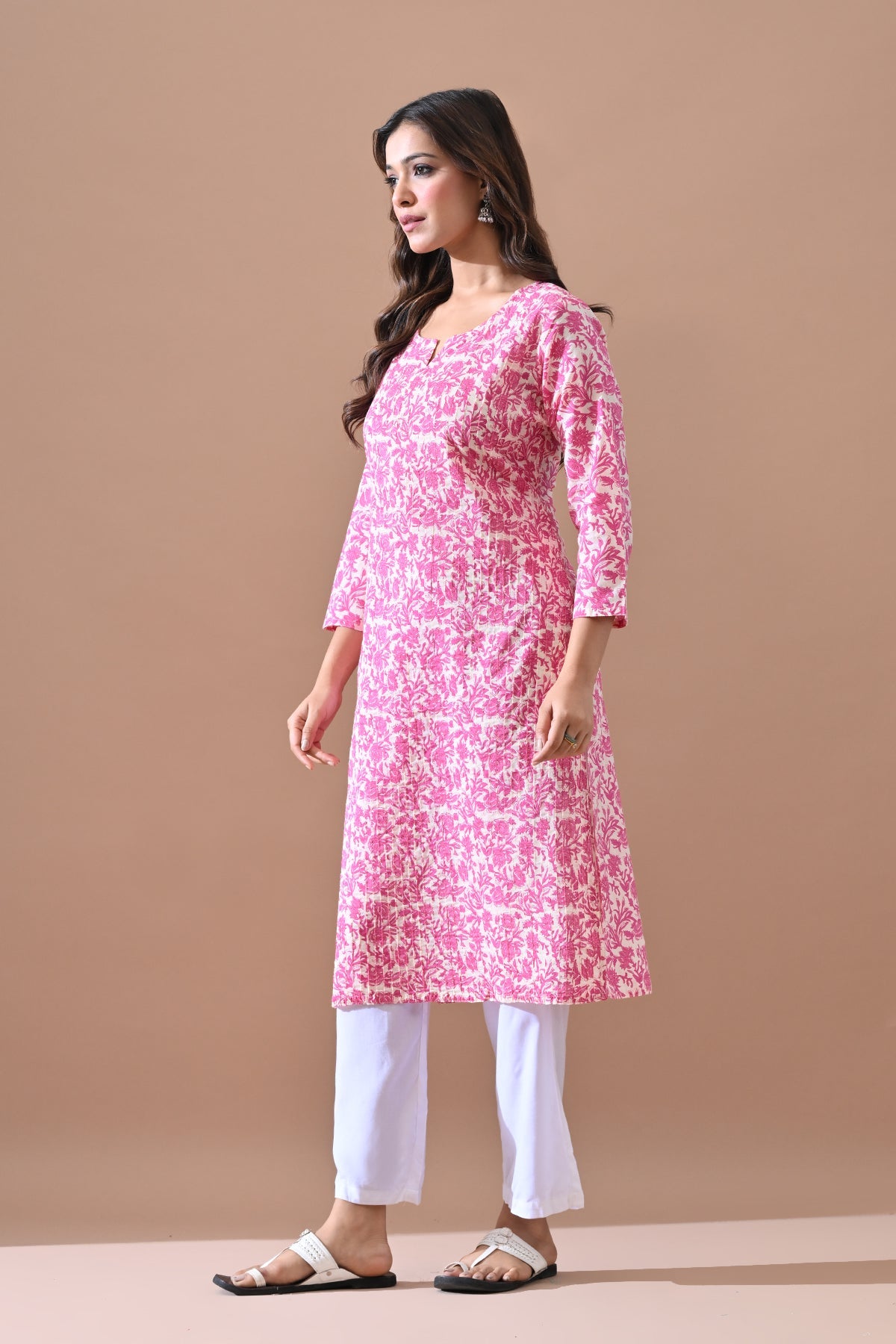 Cream Printed Straight Kurta