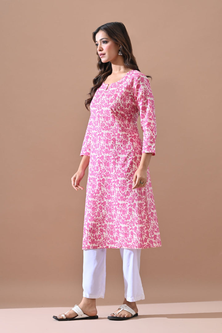 Cream Printed Straight Kurta