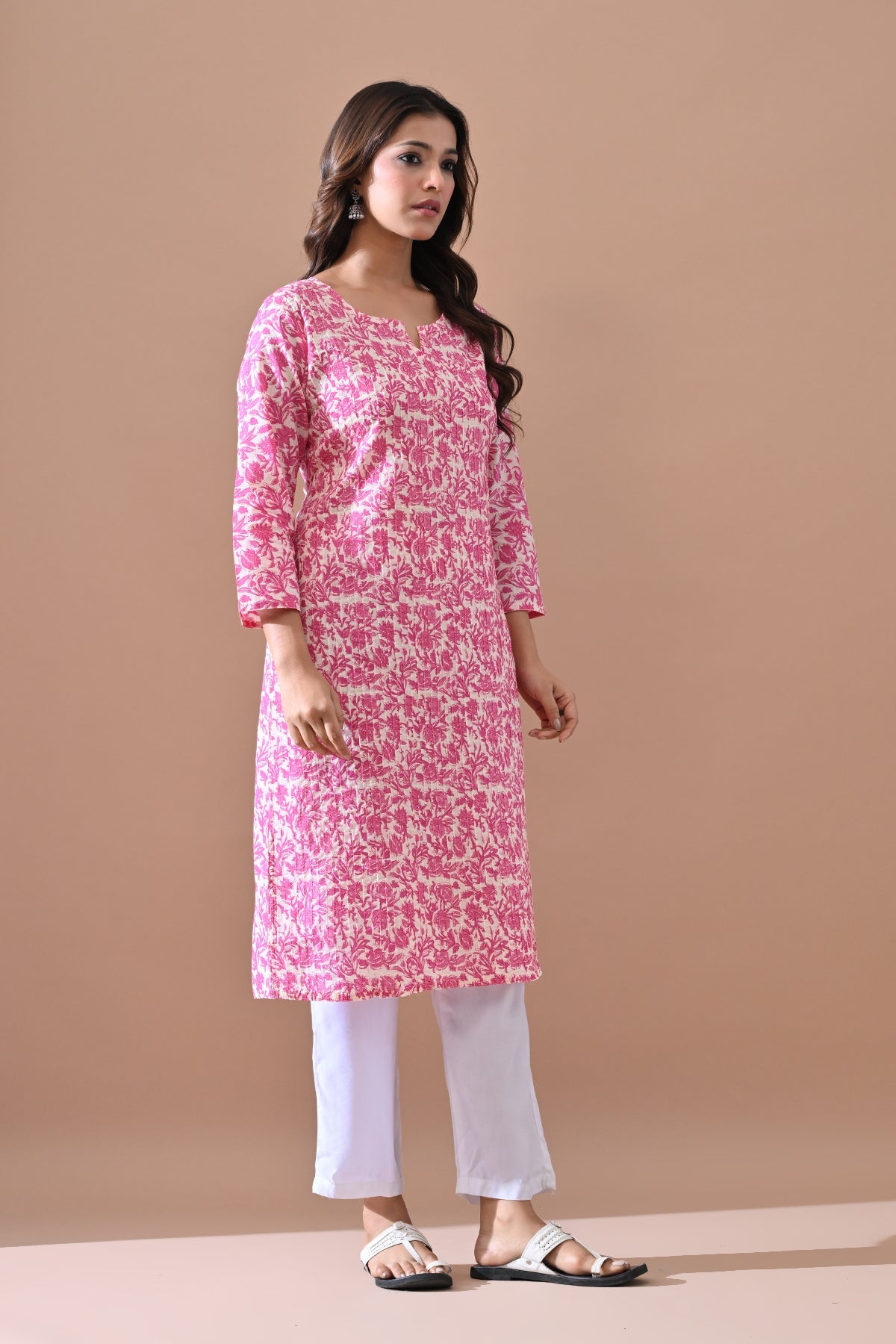 Cream Printed Straight Kurta
