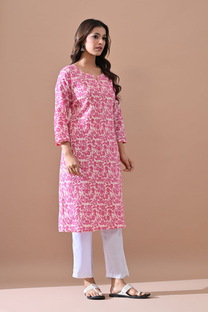 Cream Printed Straight Kurta