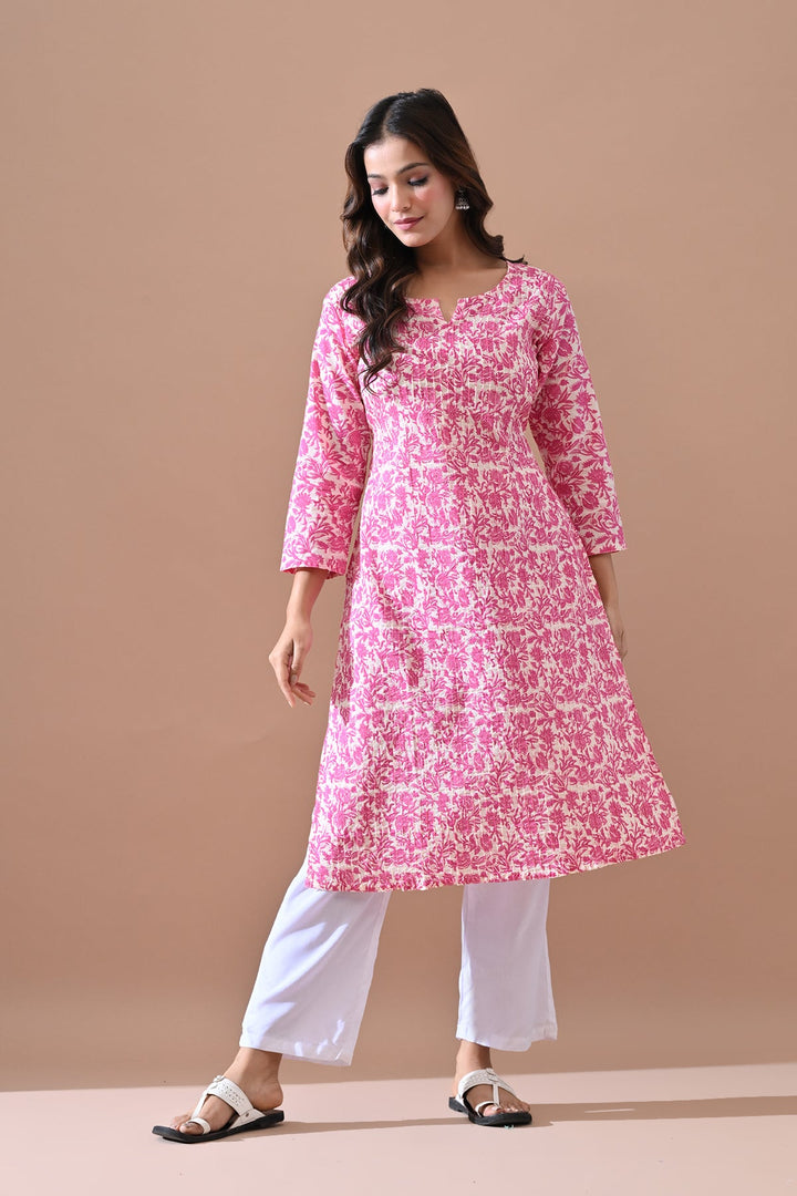 Cream Printed Straight Kurta