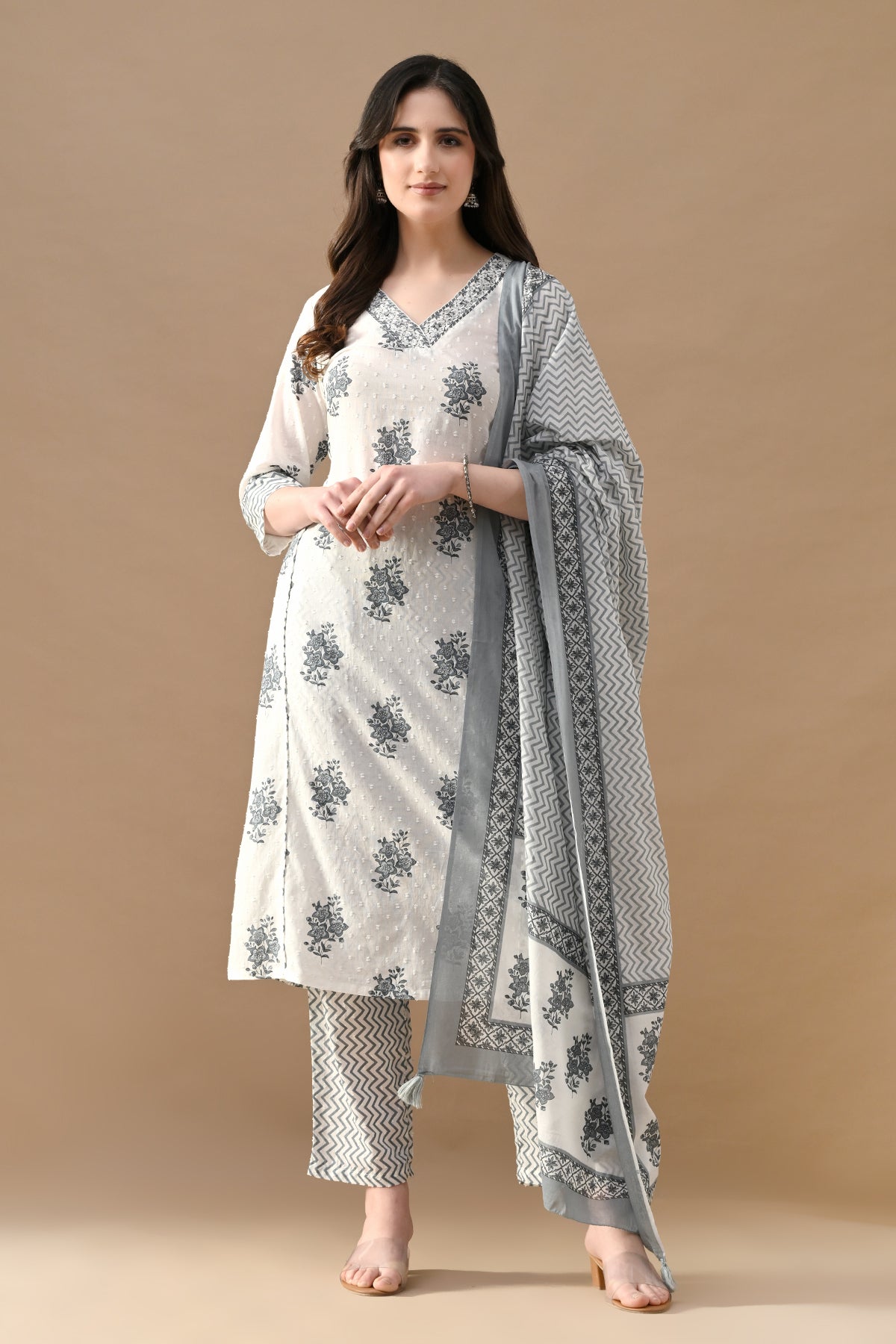 White Printed Kurta 3 Pcs Set